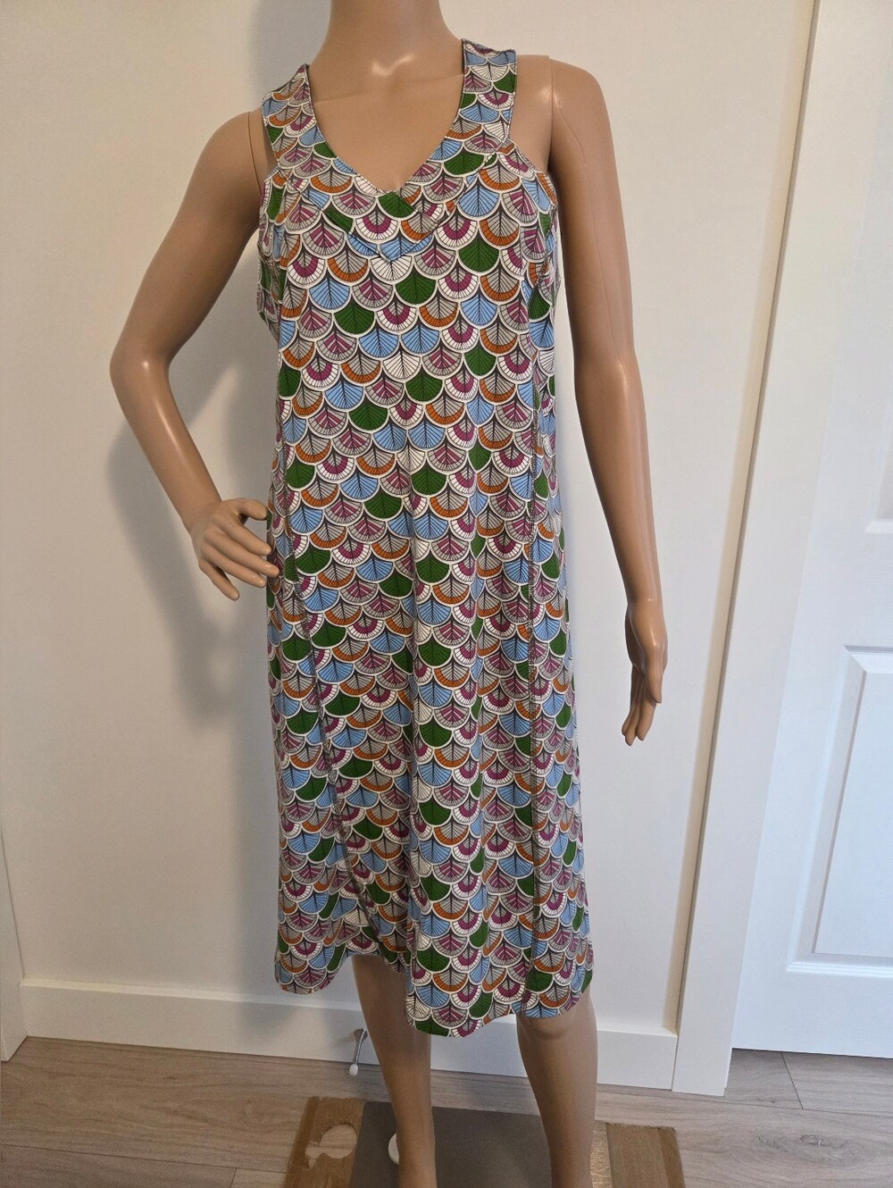 Ibex Merino Wool Kya Dress Rare Art Deco Scallop Geometric Print Sleeveless